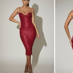 Eisley Embellished Sweetheart-Neck Midi Dress in Red